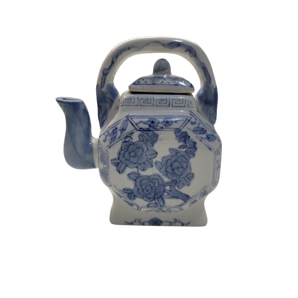 Vintage Porcelain Blue and White Octagonal Donut Asian Teapot
